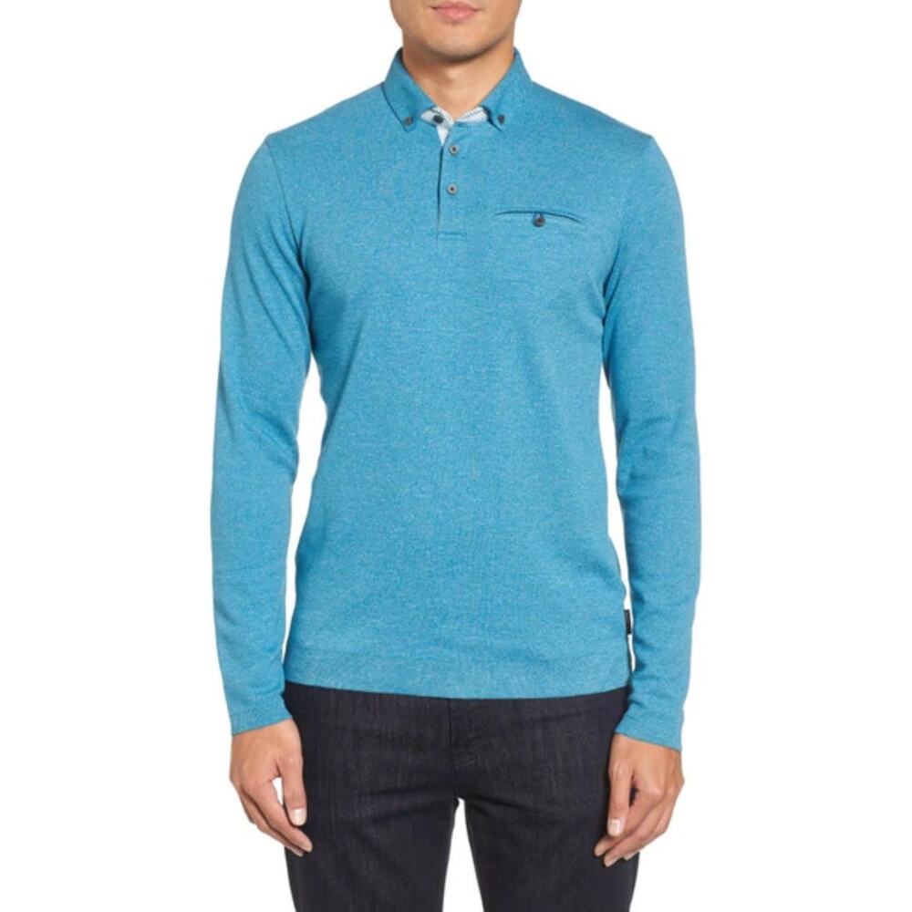 Ted Baker Men's Yamway Modern Slim Fit Long Sleeve Polo in‎ Teal Size 6 / XXL